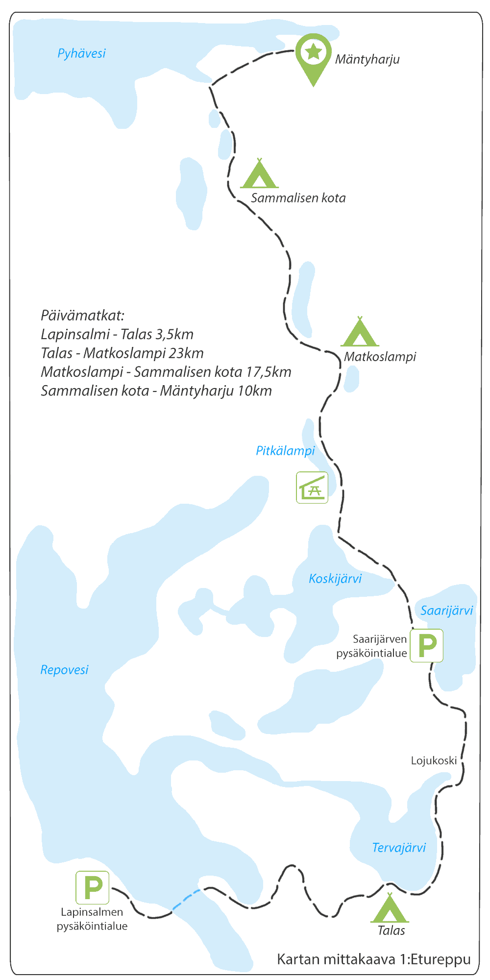 Repovesi - Mäntyharju reitti kartalla